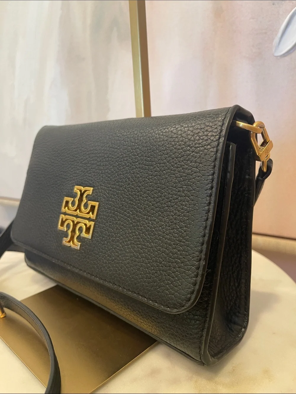 Tory Burch Black Pebbled Leather Crossbody with Gold Logo